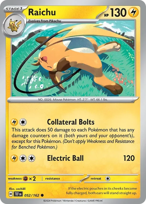 Raichu 52 Pokemon card from Temporal Forces set