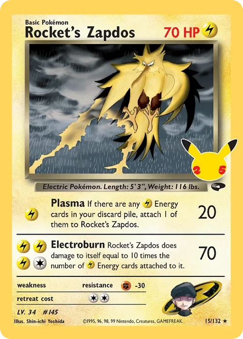 Rocket's Zapdos 15 Pokemon card from Celebrations set