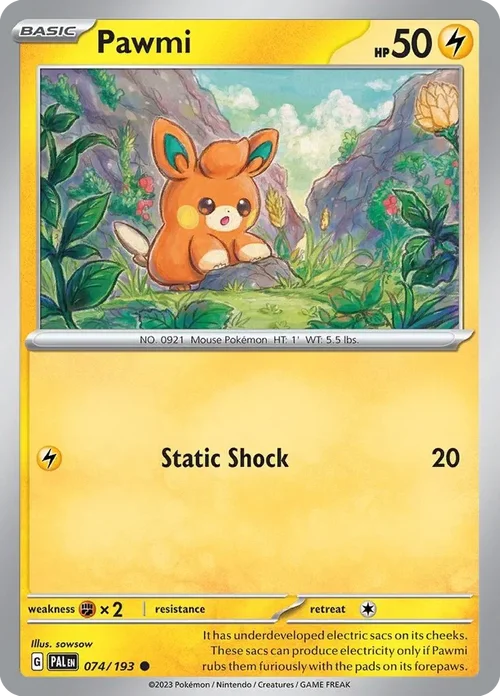 Pawmi 74 Pokemon card from Paldea Evolved set