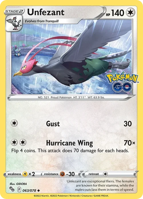 Unfezant 63 Pokemon card from Pokemon GO set