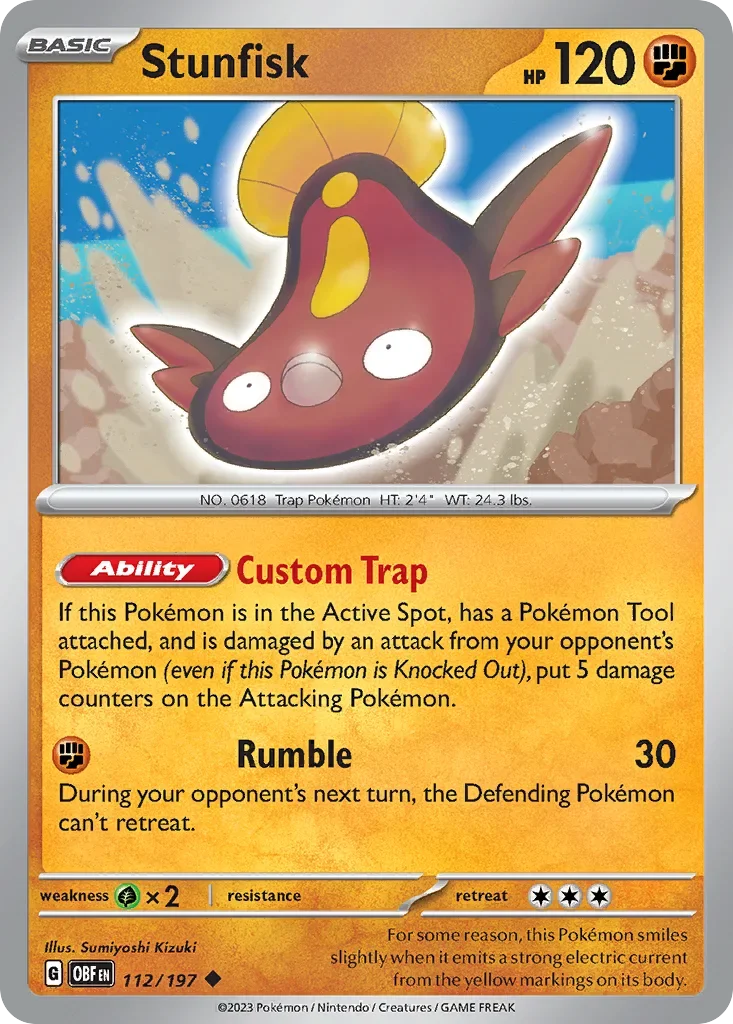 Stunfisk 112 Pokémon card from Obsidian Flames set