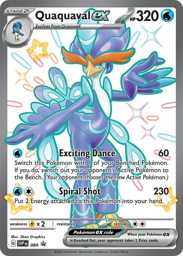 A Pokémon card featuring the Quaquavalex, which evolves from Quaxwell. The card shows a colorful, animated bird-like Pokémon with a large beak, orange eyebrows, and vibrant blue and purple feathers. It has a confident pose with one wing pointing outward. The card includes moves called Exciting Dance and Spiral Shot, along with details about its HP, weaknesses, and other gameplay information.