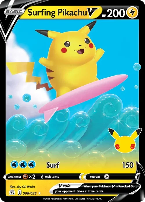 Surfing Pikachu V 8 Pokemon card from Celebrations set