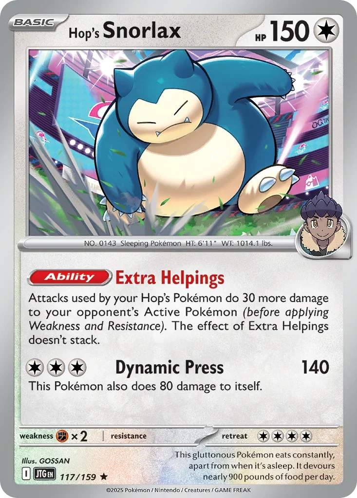Hop's Snorlax 117 Pokémon card from JTG set
