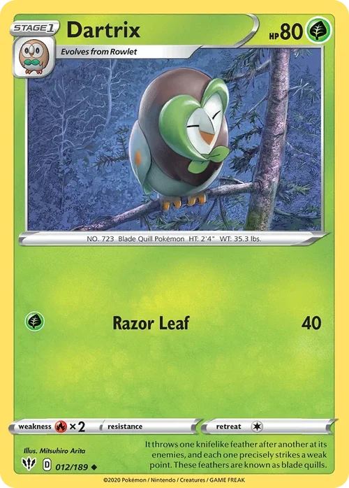 Dartrix 12 Pokemon card from Darkness Ablaze set