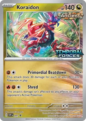 A Pokémon card featuring Koraidon, a Legendary Pokémon with vivid red, blue, and purple colors, set against a dynamic background with energy streaks. It has 140 HP, a Steel type symbol, and moves called 'Primordial Beatdown' and 'Shred,' with attack damages of 30x and 130 respectively.