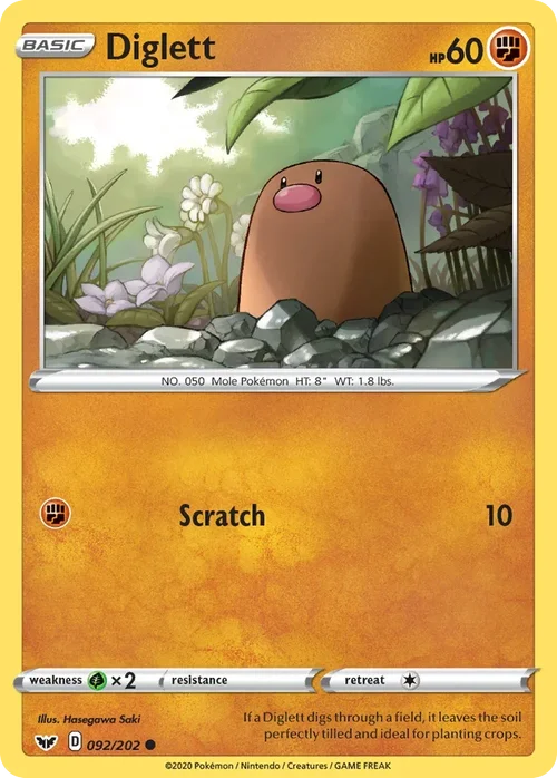 Diglett 92 Pokemon card from Sword & Shield set
