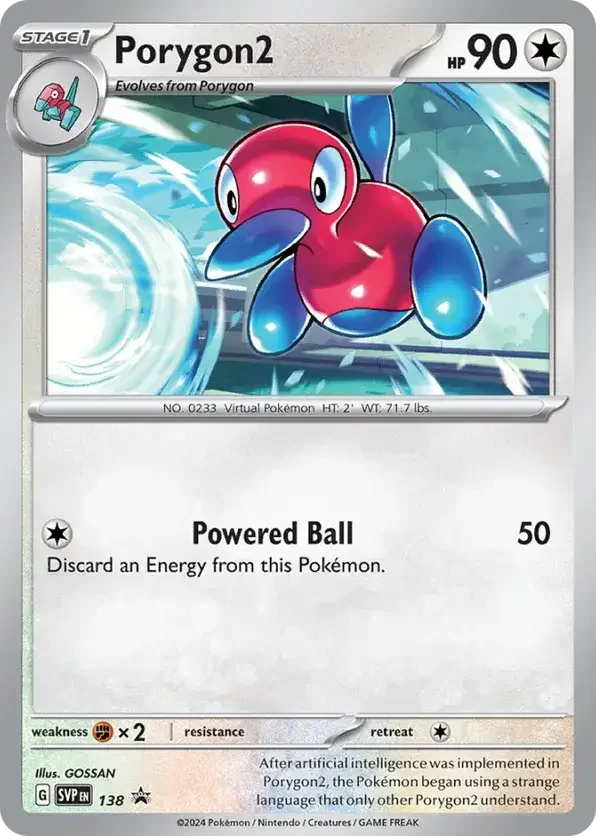 A Pokémon card featuring Porygon2 with 90 HP, using the move Powered Ball for 50 damage, written in English. The card shows an animated image of Porygon2 in a snowy environment, with a swirling ice vortex on the left. The card includes details about weaknesses, resistance, and retreat cost, along with a description and artist information.