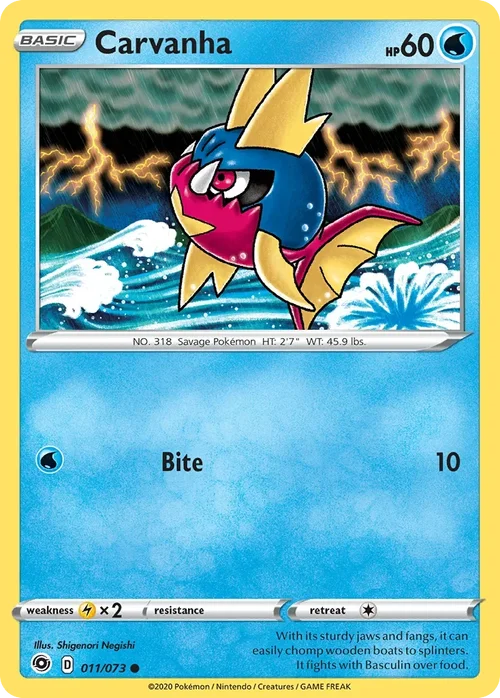 Carvanha 11 Pokemon card from Champion's Path set