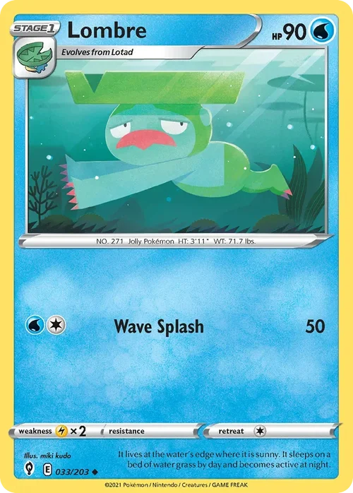 Lombre 33 Pokemon card from Evolving Skies set