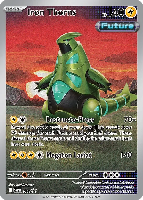 A Pokémon card for Iron Thorns, featuring a green, robotic dinosaur with a sunset background and mountainous landscape. The card displays the Pokémon's attacks, health points, and essential information.
