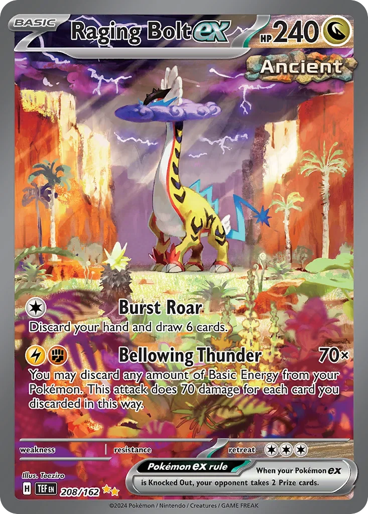 A Pokémon card featuring Raging Bolt ex, an ancient Pokémon with a yellow and black striped body, a long neck, and a purple cloud around its head, set against a volcanic landscape with palm trees and lightning in the sky.