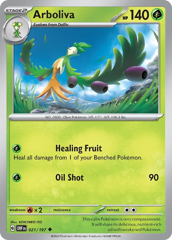 Arboliva 21 Pokémon card from Obsidian Flames set
