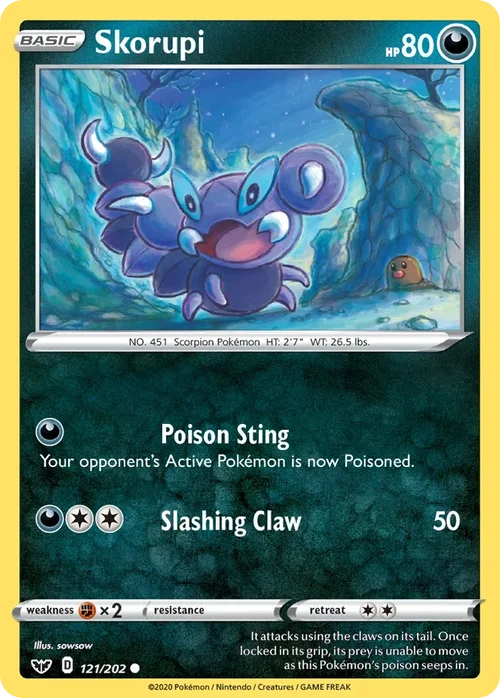 Skorupi 121 Pokemon card from Sword & Shield set