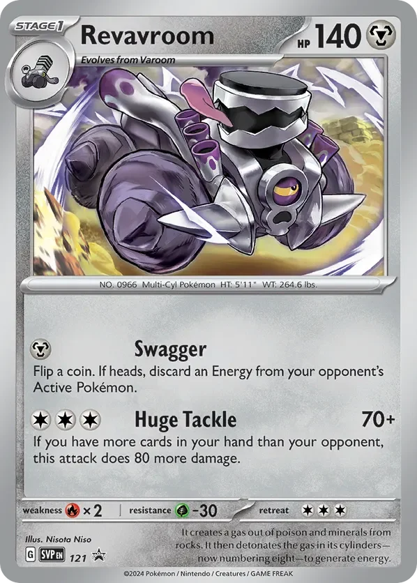 A Pokémon card featuring Revavroom, a Stage 1 Pokémon evolving from Varoom. It has 140 HP, and is a Metal-type with a circular symbol. The card shows a robotic, armored Pokémon with a purple, gray, and black color scheme, large fists, and a mischievous appearance. It has moves called Swagger and Huge Tackle, with details about their effects. The card includes Pokémon information such as height, weight, weakness, resistance, and retreat cost, and is illustrated by Nisos Niso.