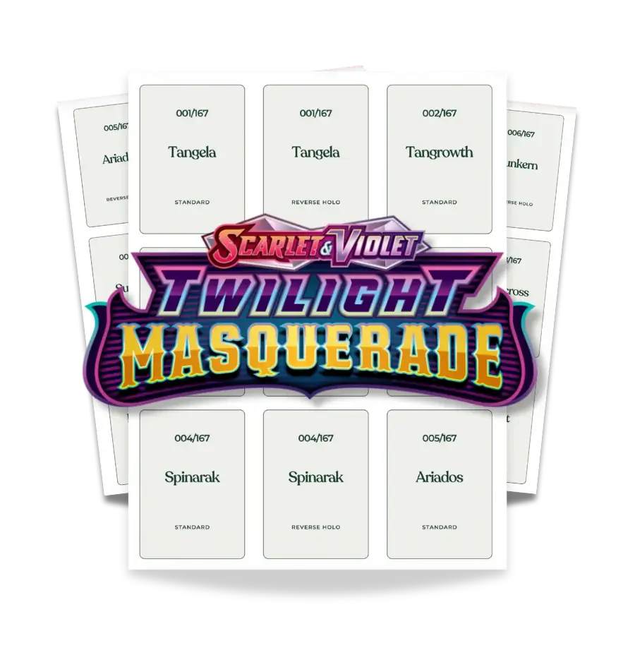 A set of tarot cards with names such as Tangela, Tangrowth, Spinrak, Ariados, and others, with a colorful logo in the center that reads "Scarlet & Violet Twilight Masquerade."