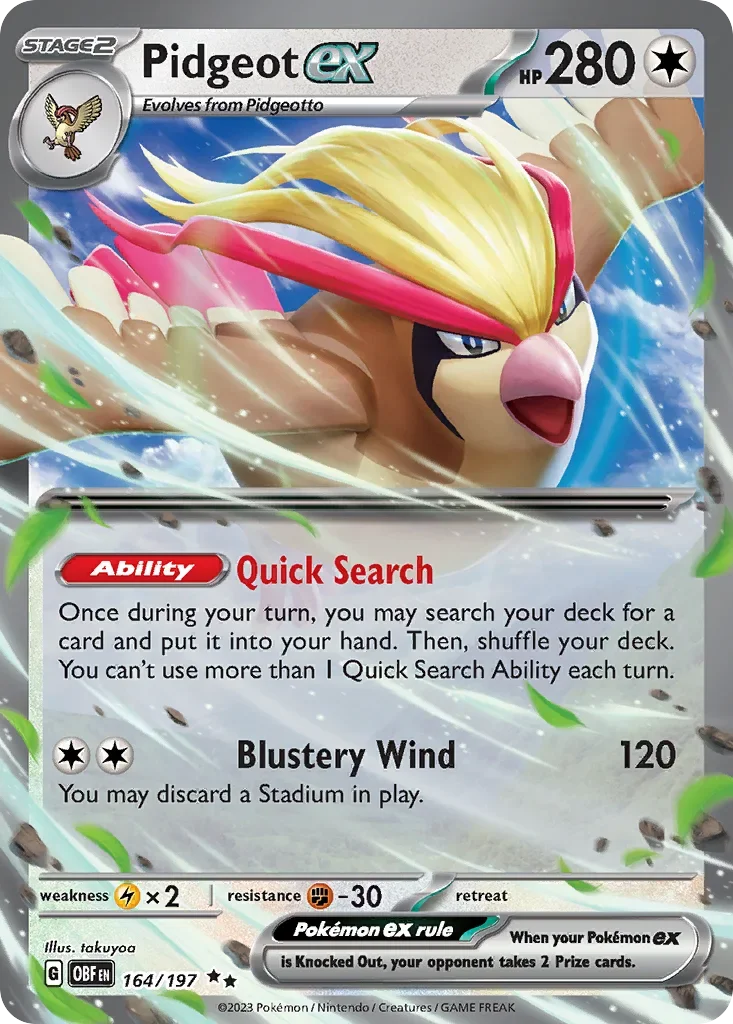 Pidgeot ex 164 Pokémon card from Obsidian Flames set
