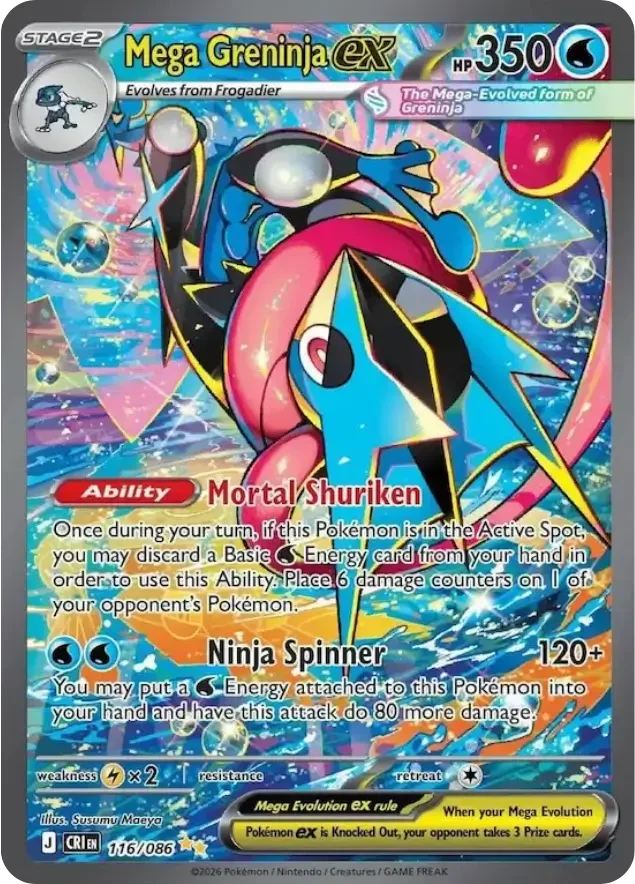 Pokemon card featuring Mega Greninja ex with 350 HP, ability Mortal Shuriken, and attack Ninja Spinner. Illustrated with Mega Greninja in a dynamic pose with water and cosmic background.
