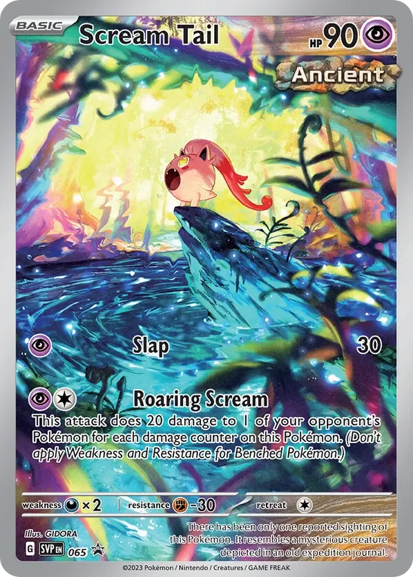 A Pokémon card named Scream Tail, a basic Pokémon with 90 HP, classified as Ancient. The illustration depicts a small, pink, feline-like creature with a yellow gem on its forehead, sitting on a rock in a vibrant, fantastical landscape with colorful swirling backgrounds and glowing elements.