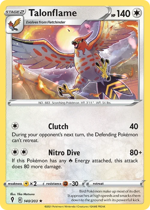 Talonflame 140 Pokemon card from Evolving Skies set