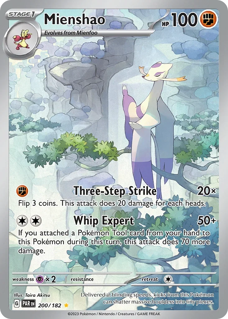 Pokémon card featuring Mienshao, a stage 1 Pokémon that evolves from Mienfoo. It has 100 HP and a fist icon indicating fighting type. The card shows Mienshao standing on a tree branch in a rocky and cloudy background. It has two attacks: 'Three-Step Strike' which requires flipping 3 coins and dealing 20 damage times the number of heads, and 'Whip Expert' which deals 50+ damage if a Pokémon Tool is attached. The card's weakness is Psychic x2, with no listed resistance or retreat cost. The illustrator is Taira Akitsu, and the card number is 200/182.
