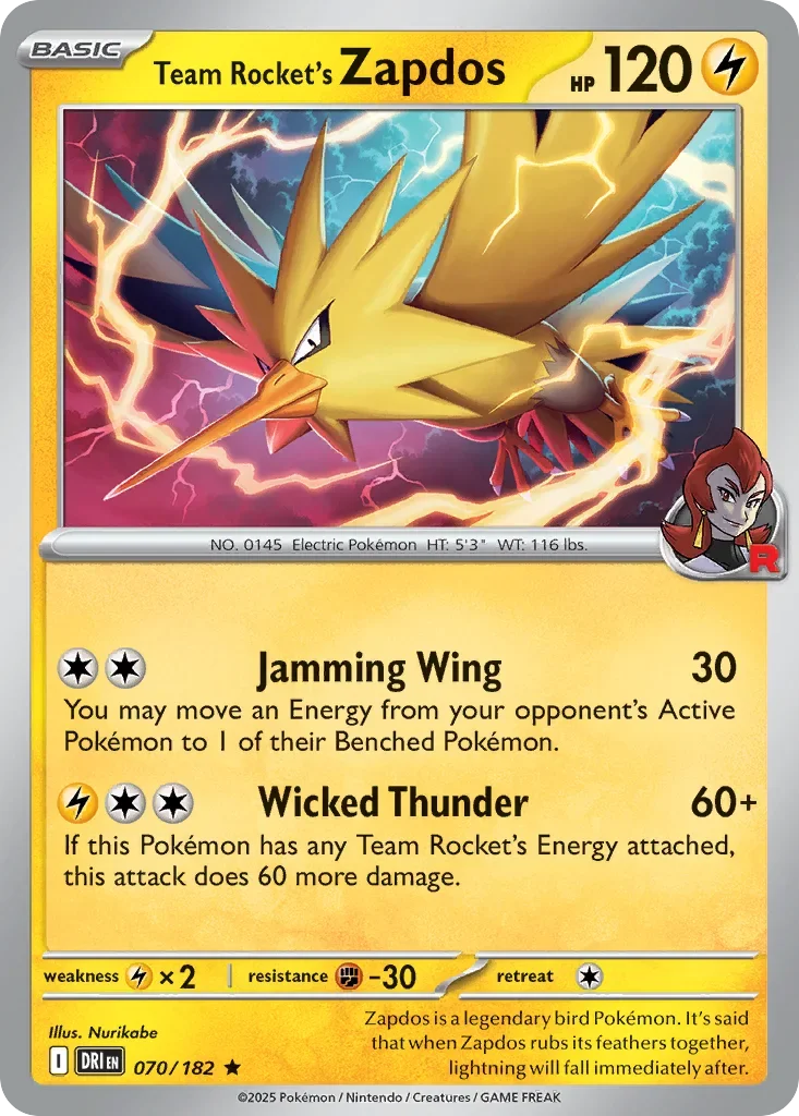 Team Rocket's Zapdos 70 Pokemon card from Destined Rivals set