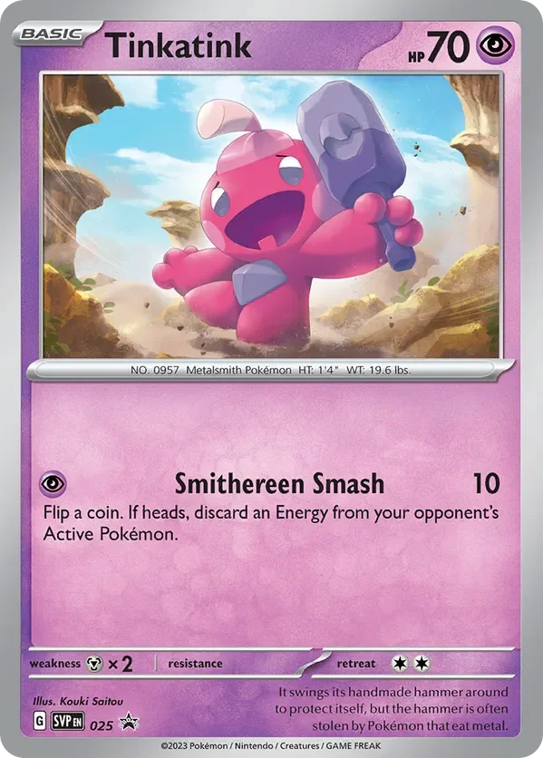 A pink Pokémon named Tinkatink, holding a large purple hammer, standing outdoors with a cloudy sky and rocky terrain in the background.