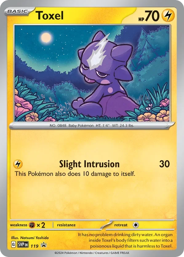 A Pokémon card featuring Toxel, a small purple Pokémon with a sad expression, sitting in a moonlit forest at night surrounded by flowers and bushes.