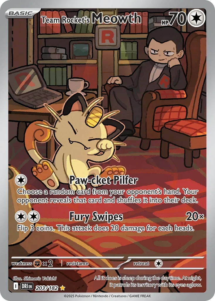 Team Rocket's Meowth 203 Pokemon card from Destined Rivals set