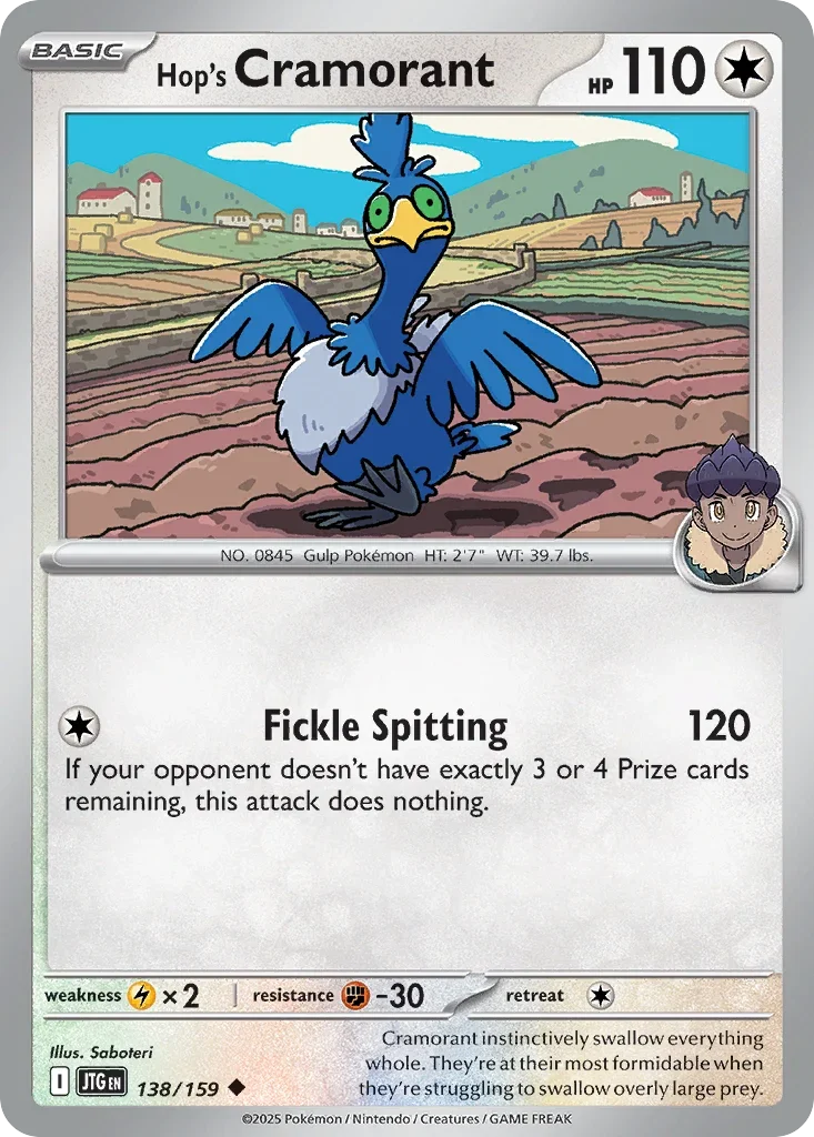 Hop's Cramorant 138 Pokémon card from JTG set