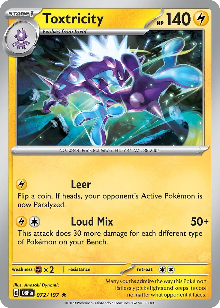 Toxtricity 72 Pokémon card from Obsidian Flames set