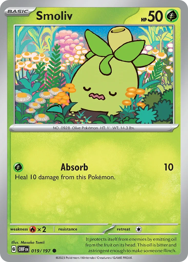 Smoliv 19 Pokémon card from Obsidian Flames set