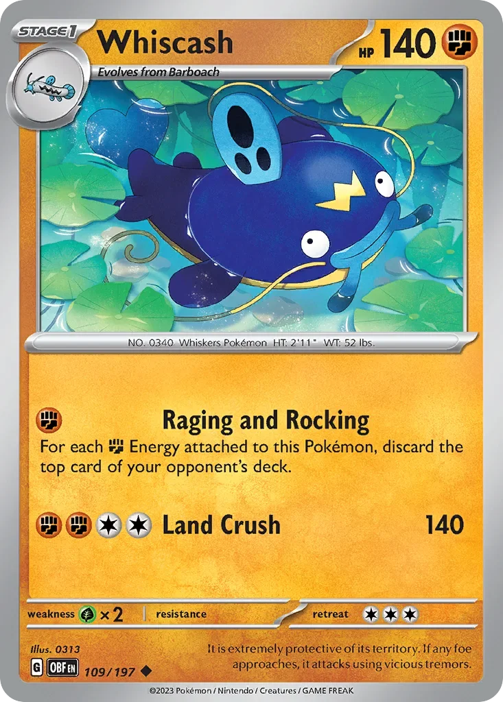 Whiscash 109 Pokémon card from Obsidian Flames set