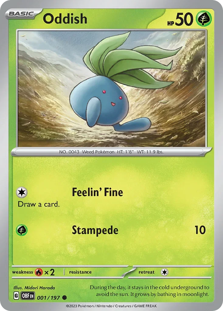 Oddish 1 Pokémon card from Obsidian Flames set
