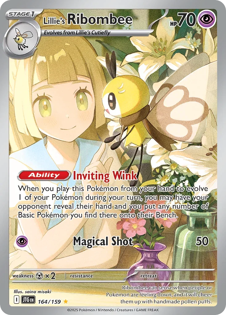 A Pokémon trading card featuring Lillie's Ribombee, a Stage 1 Pokémon that evolves from Lillie's Cutiefly. The card shows a girl with blonde hair and a Ribombee, a small yellow and white insect-like Pokémon, in front of white lilies. The card has 70 HP and abilities including Inviting Wink and Magical Shot, with a weakness to Fighting type and a retreat cost of two colorless energies.