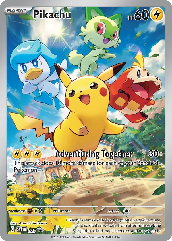 A Pokémon card featuring Pikachu with three other Pokémon: Sobble, Sprigatito, and Torchic. The card title is "Adventuring Together," with a lightning bolt symbol and 60 HP. The background shows a sunny day with a blue sky, clouds, and a village scene. Pikachu is in front, smiling, while Sobble, Sprigatito, and Torchic are flying behind. The card notes that the attack does 10 damage plus 10 for each benched Pokémon. There is a weaknesses and resistance indicator, and if applicable, a retreat cost. Illustrated by Atsushi Furusawa, with a card number 027.