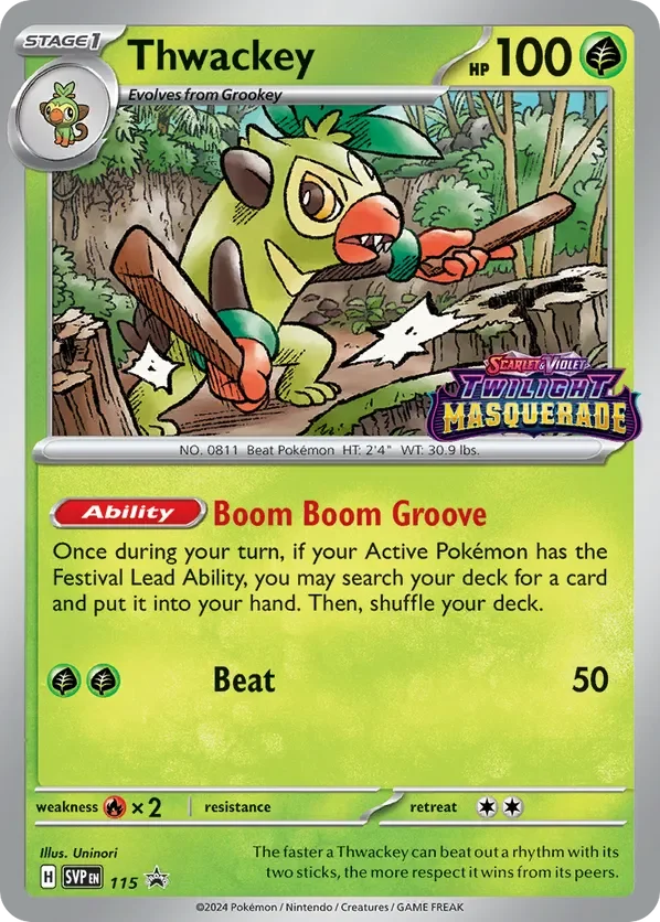 A Pokémon card featuring Thwackey, a green, monkey-like Pokémon with a wood stick in each hand, sitting on a branch in a forest background. The card shows Thwackey's health points, abilities, and basic information.