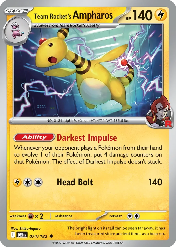 Team Rocket's Ampharos 74 Pokemon card from Destined Rivals set