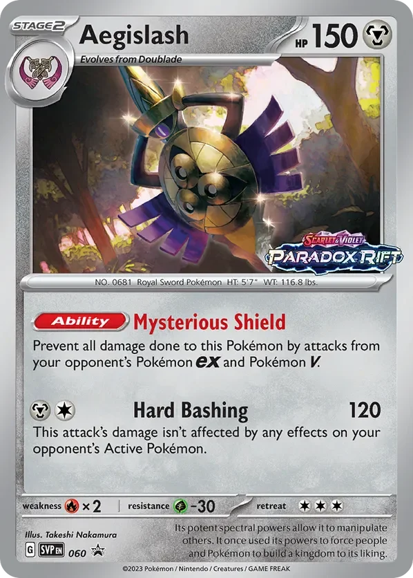 A Pokémon trading card featuring Aegislash, a Steel and Ghost type Pokémon. The card shows Aegislash in a forest setting with sunlight filtering through trees. It has 150 HP, is stage 2 and evolves from Doublade. The card includes abilities Mysterious Shield and Hard Bashing, with additional details about weaknesses, resistance, retreat cost, and illustrator information.