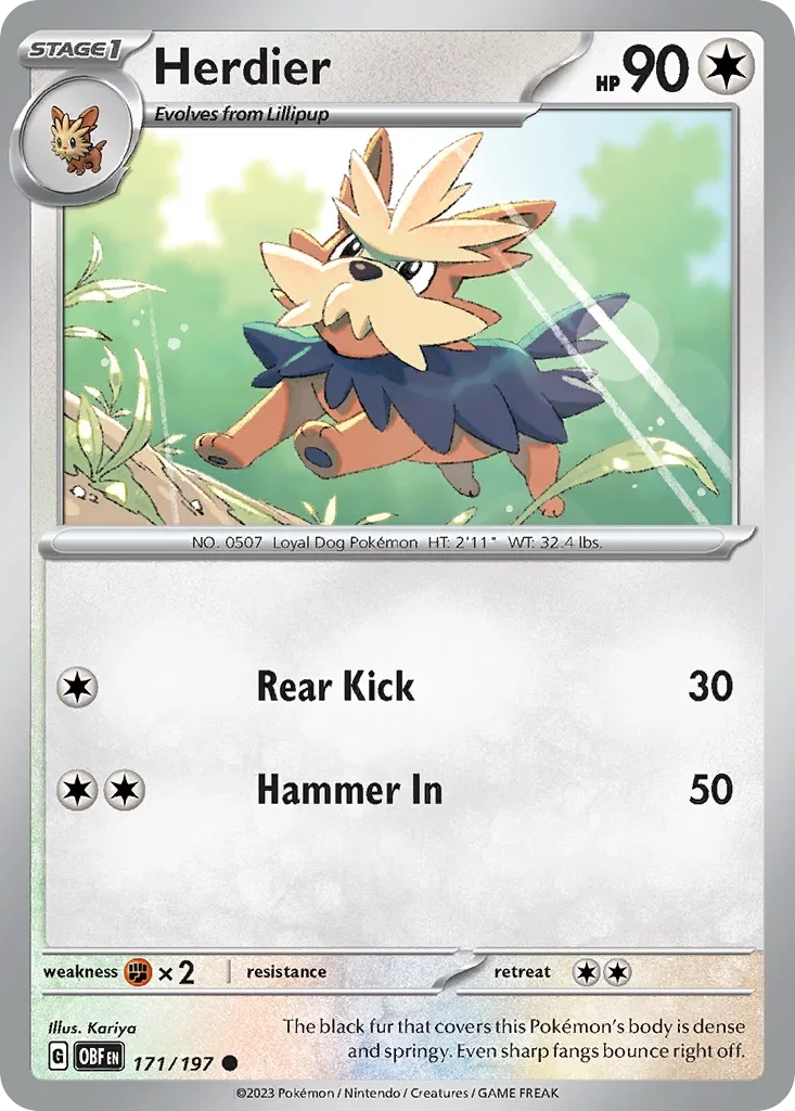 Herdier 171 Pokémon card from Obsidian Flames set