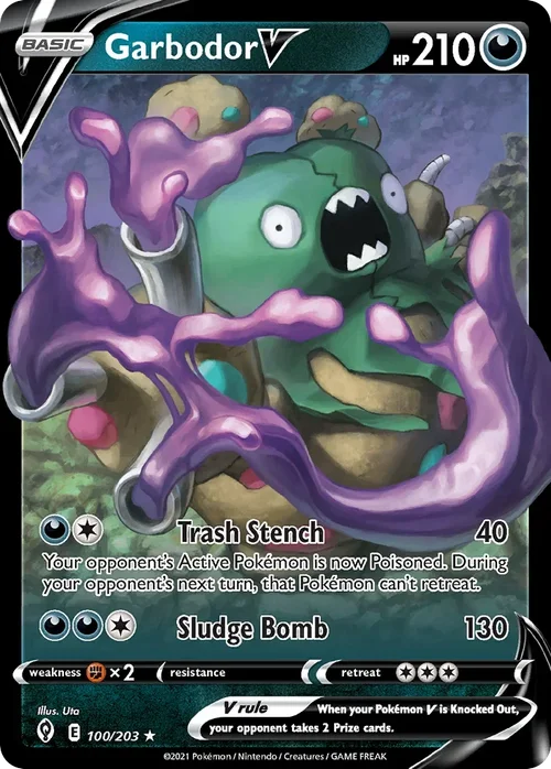 Garbodor V 100 Pokemon card from Evolving Skies set