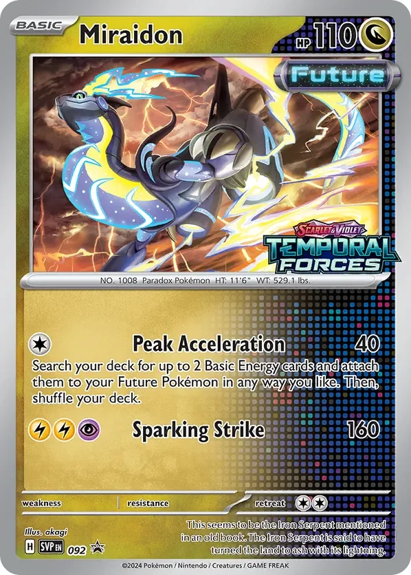 Miraidon, a large dragon-like Pokémon with sleek armor and electric blue accents, is depicted in a lightning storm with its tail and body surrounded by blue and yellow electricity. It is a Hyper Rare TCG card from the Scarlet & Violet: Temporal Forces set, featuring moves Peak Acceleration and Sparking Strike.