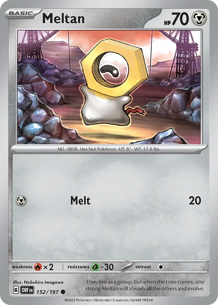Meltan 152 Pokémon card from Obsidian Flames set