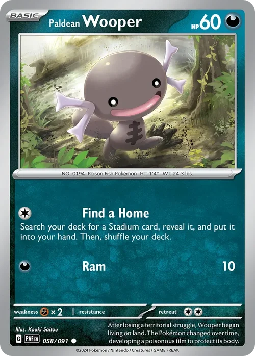 Paldean Wooper 58 Pokemon card from Paldean Fates set