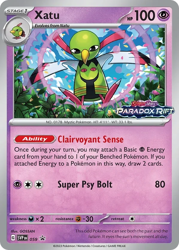 A Pokémon card featuring Xatu, a Stage 1 Psychic/Flying type mystic Pokémon with 100 HP. The card shows Xatu in an environment with blue skies and pink cherry blossoms, surrounded by green foliage. The card includes abilities and attack details, with a pink background design and a small illustration of Xatu in a circular frame in the top left corner.