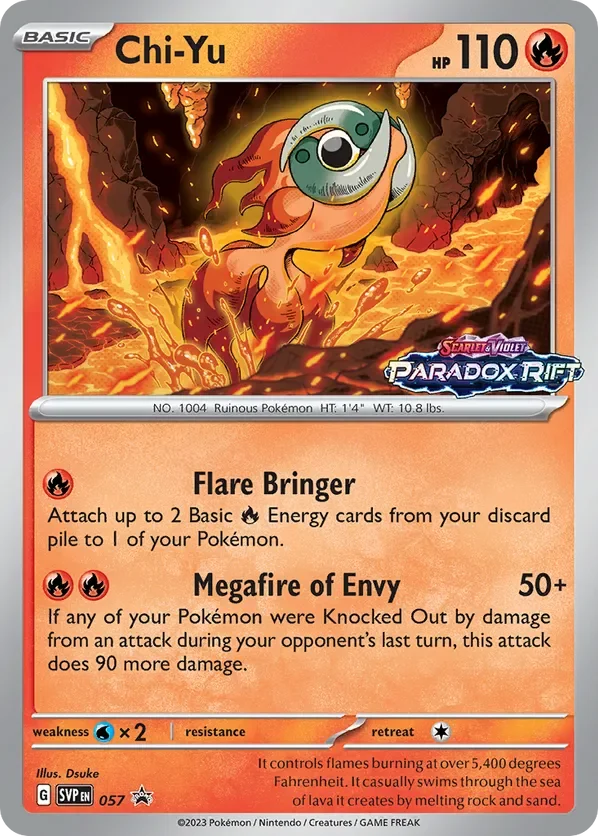 A Pokémon card featuring Chi-Yu, a fiery, fish-like creature with a large, single eye, emerging from molten lava and volcanic rocks. The card has an orange and black color scheme and includes moves Flare Bringer and Megafire of Envy.