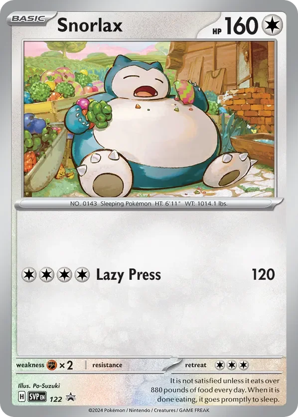 A Pokémon trading card featuring Snorlax, a large, sleeping Pokémon with a content expression, holding a green eatable in a garden with trees, flowers, and a wooden shed.