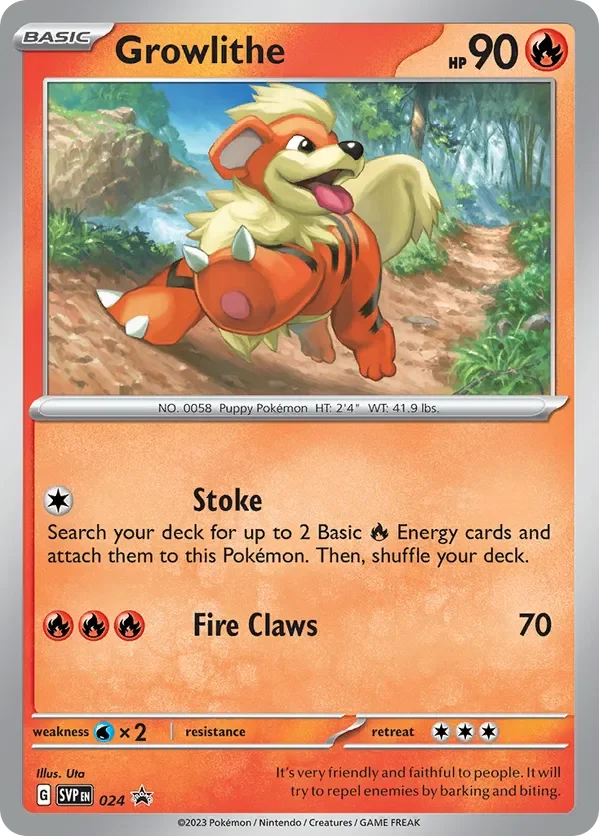 A Growlithe Pokémon card with a colorful illustration of a dog-like creature with orange fur and black stripes, in a forest setting.