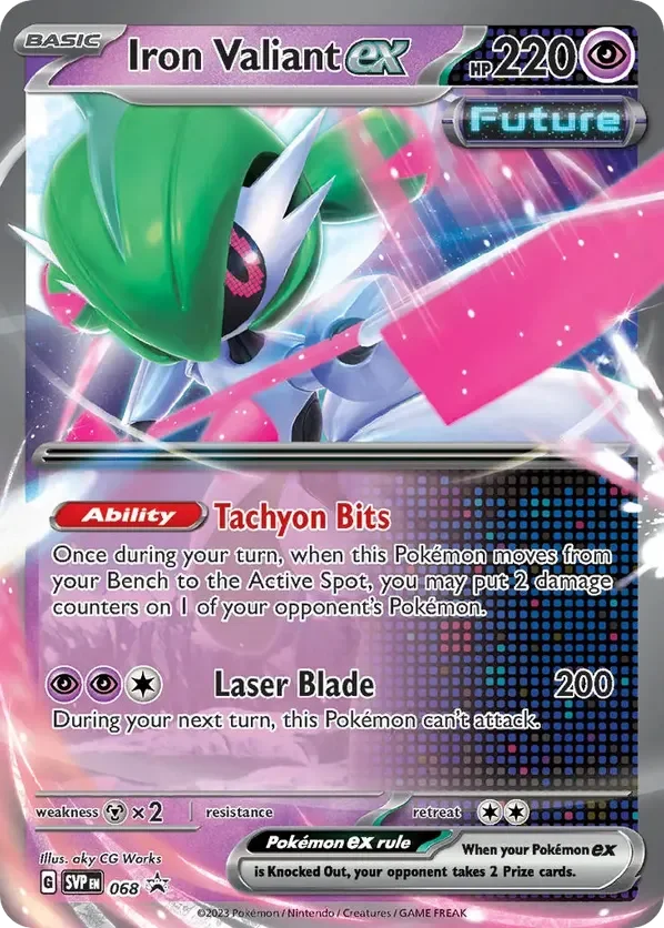 A Pokémon trading card featuring Iron Valiant ex. The card displays the Pokémon with green hair, a white body, and a pink and black visor. The card lists the Pokémon's abilities, including Tachyon Bits and Laser Blade, with their respective effects. The background has a colorful, cosmic theme with pink and blue streaks.