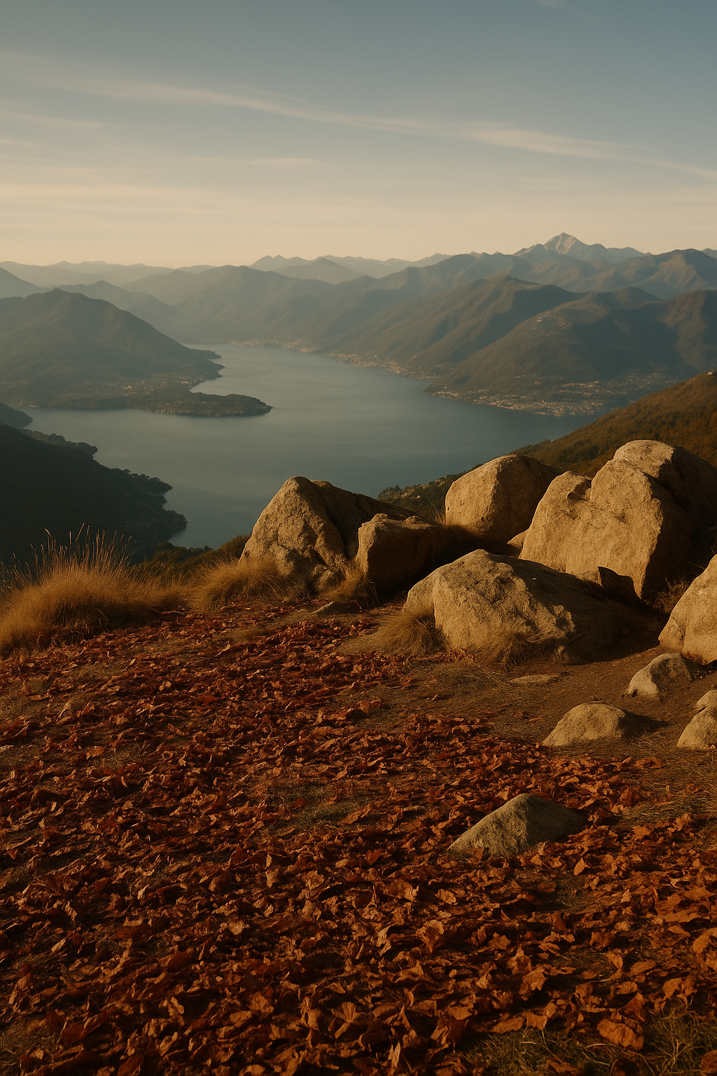 Paisagem de uma cidade ao lado de um lago cercado por montanhas ao entardecer, com rochas e folhas secas na foreground.